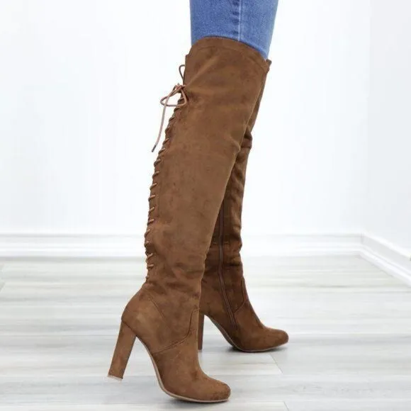 Suede Over The Knee Heeled Boots With Lace Up Back