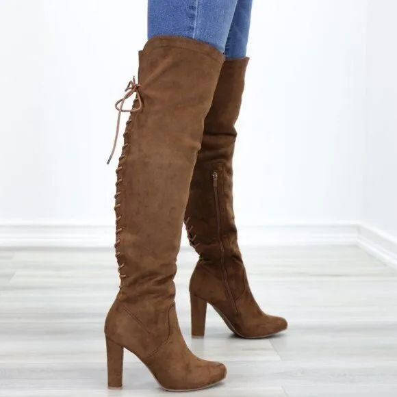 Suede Over The Knee Heeled Boots With Lace Up Back