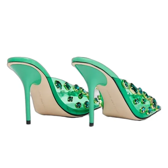 summer green Good American diamonds forever mule | square toe slip on wedge mule