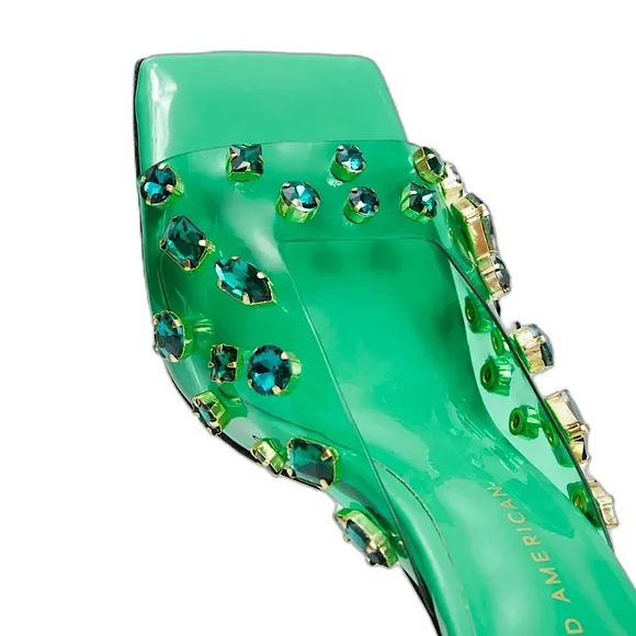 summer green Good American diamonds forever mule | square toe slip on wedge mule