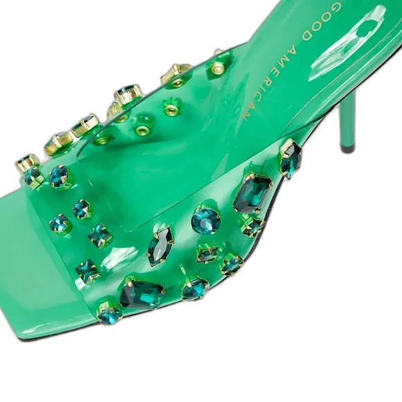summer green Good American diamonds forever mule | square toe slip on wedge mule