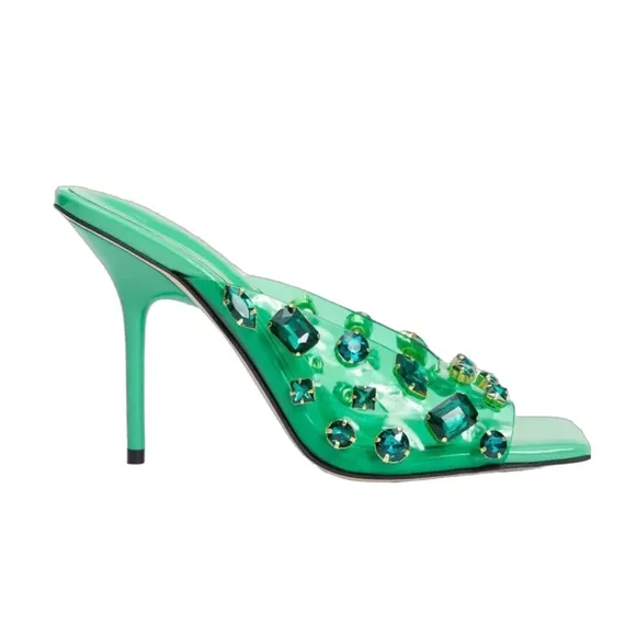 summer green Good American diamonds forever mule | square toe slip on wedge mule