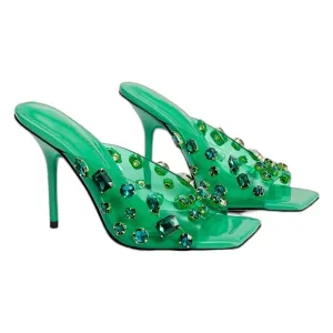 summer green Good American diamonds forever mule | square toe slip on wedge mule