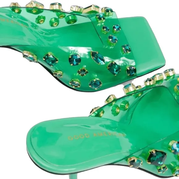 summer green Good American diamonds forever mule | square toe slip on wedge mule