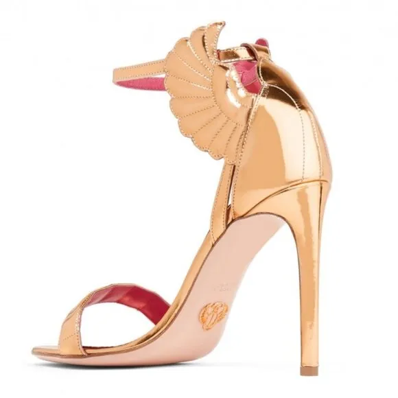 Sz 40 OSCAR TIYE Gold Malikah Mirrored Leather Wing Heeled Sandals