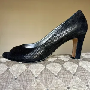 Taryn Rose Patterned Black Leather Peep Toe Pumps Block Heel Women 37 US 6.5 - 7