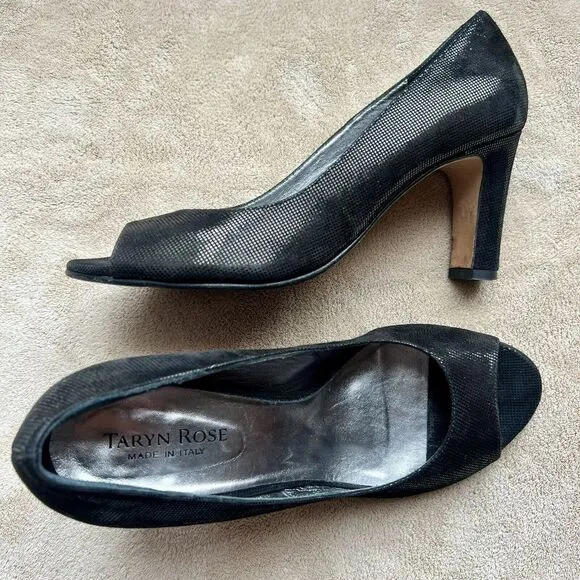 Taryn Rose Patterned Black Leather Peep Toe Pumps Block Heel Women 37 US 6.5 - 7