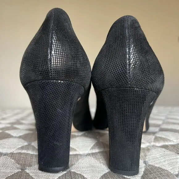 Taryn Rose Patterned Black Leather Peep Toe Pumps Block Heel Women 37 US 6.5 - 7