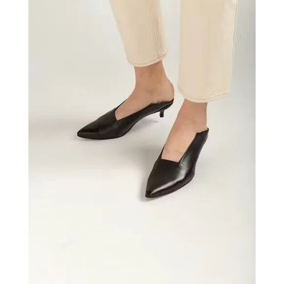 Thakoon 37 Kitten Heel Black Leather Slip On Mules Y2K Mobwife New In Box