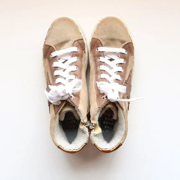 The Shoe Box Beige Suede &amp; Brown Leather High Top Sneakers Lace-up w Star 8.5