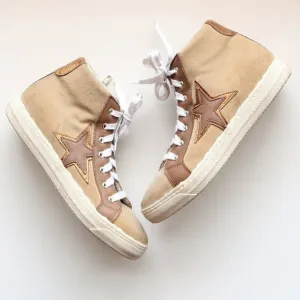 The Shoe Box Beige Suede &amp; Brown Leather High Top Sneakers Lace-up w Star 8.5