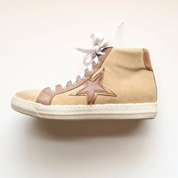 The Shoe Box Beige Suede &amp; Brown Leather High Top Sneakers Lace-up w Star 8.5