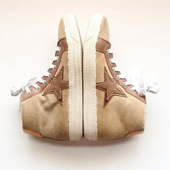 The Shoe Box Beige Suede &amp; Brown Leather High Top Sneakers Lace-up w Star 8.5