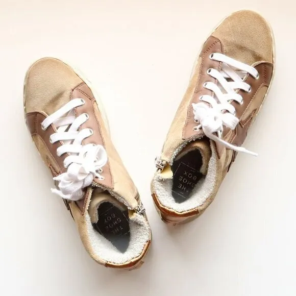 The Shoe Box Beige Suede &amp; Brown Leather High Top Sneakers Lace-up w Star 8.5