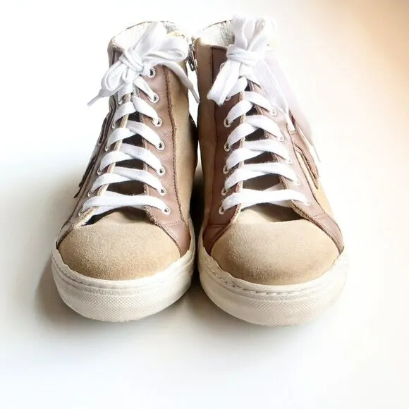 The Shoe Box Beige Suede &amp; Brown Leather High Top Sneakers Lace-up w Star 8.5