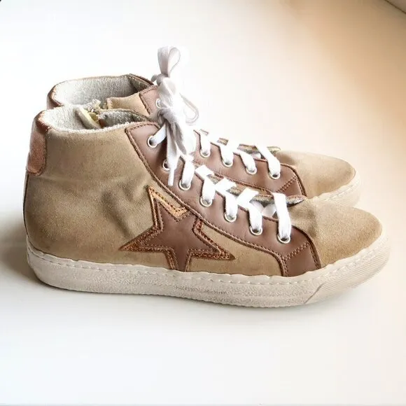 The Shoe Box Beige Suede &amp; Brown Leather High Top Sneakers Lace-up w Star 8.5
