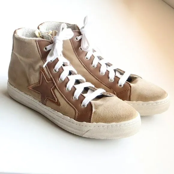 The Shoe Box Beige Suede &amp; Brown Leather High Top Sneakers Lace-up w Star 8.5
