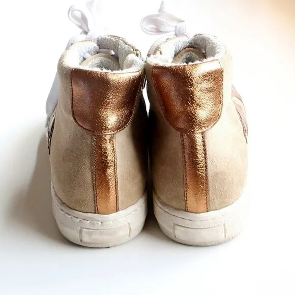 The Shoe Box Beige Suede &amp; Brown Leather High Top Sneakers Lace-up w Star 8.5