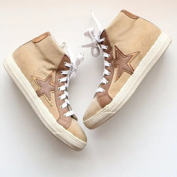 The Shoe Box Beige Suede &amp; Brown Leather High Top Sneakers Lace-up w Star 8.5