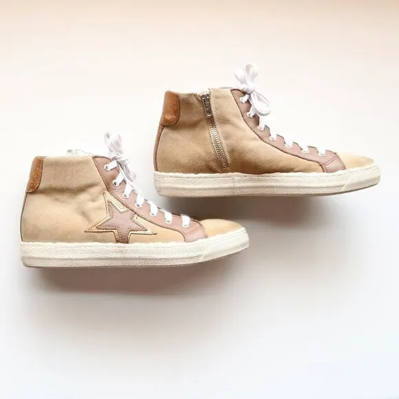 The Shoe Box Beige Suede &amp; Brown Leather High Top Sneakers Lace-up w Star 8.5