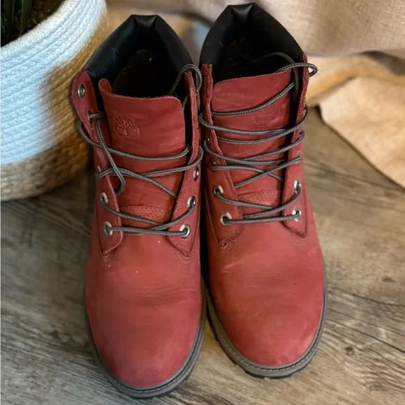 Timberland Red and Black Boots with Durable Rubber Sole