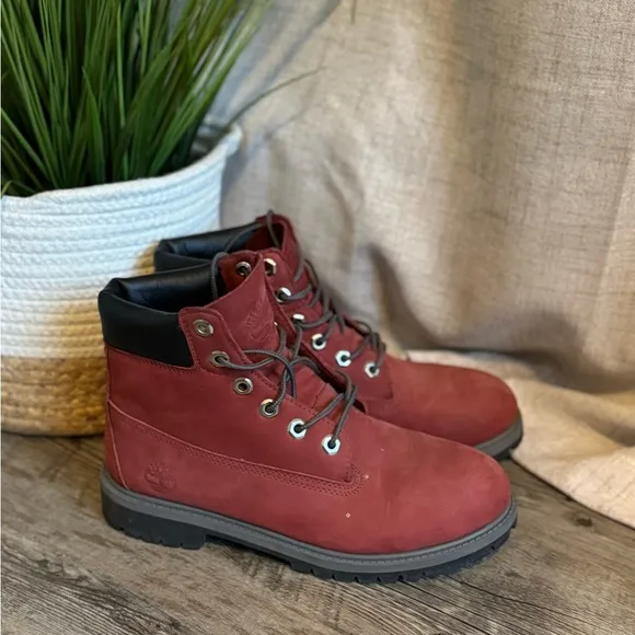 Timberland Red and Black Boots with Durable Rubber Sole