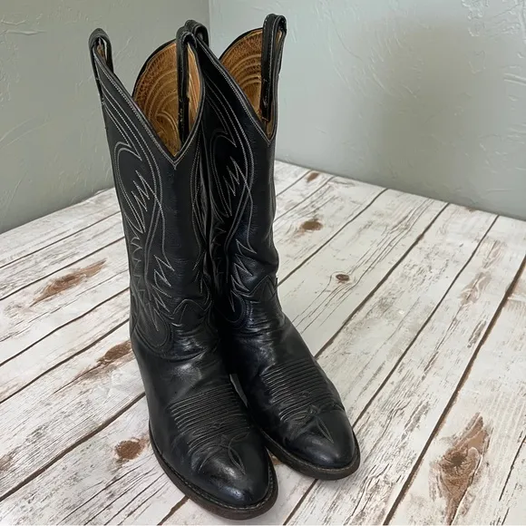 Tony Lama Black Western Cowboy Boots Size 8? Leather vintage black label El Paso