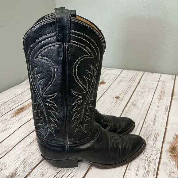 Tony Lama Black Western Cowboy Boots Size 8? Leather vintage black label El Paso