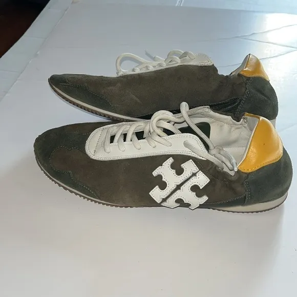 Tory Burch-8-double T trainer,Tory sneaker shoe suede leather green/ivory/yellow