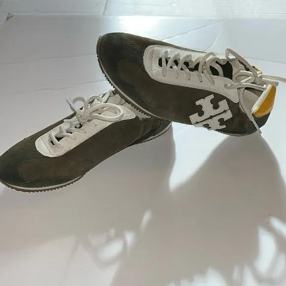 Tory Burch-8-double T trainer,Tory sneaker shoe suede leather green/ivory/yellow