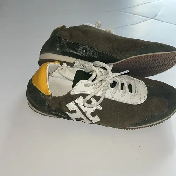 Tory Burch-8-double T trainer,Tory sneaker shoe suede leather green/ivory/yellow