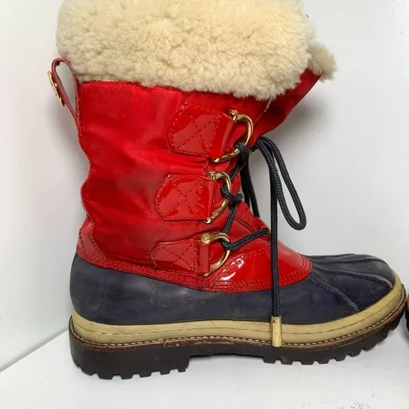Tory Burch Duck Rain Lace Up Waterproof Boots Navy Red 5