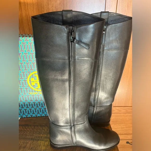 Tory Burch Perfect Black Double T Riding Boot Vachetta Leather Size 6