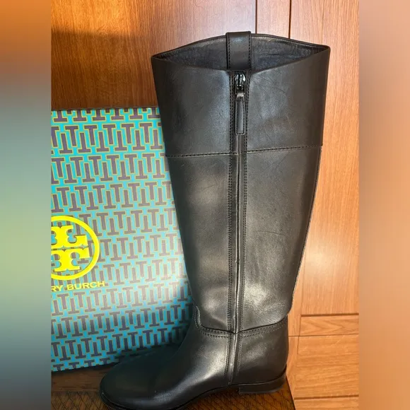 Tory Burch Perfect Black Double T Riding Boot Vachetta Leather Size 6