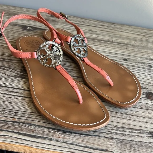 Tory Burch Sandals Womens size 8 Jeweled coral orange Patent Leather Shoes