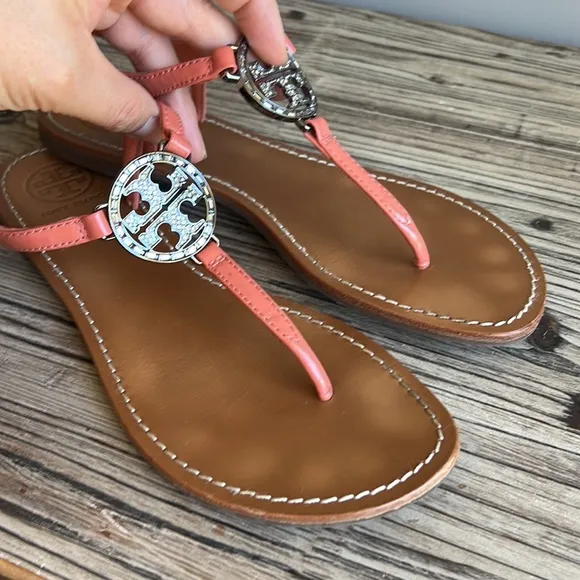 Tory Burch Sandals Womens size 8 Jeweled coral orange Patent Leather Shoes