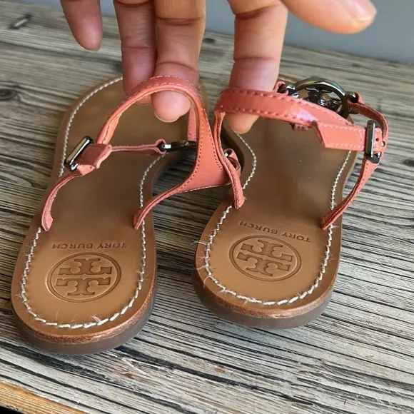 Tory Burch Sandals Womens size 8 Jeweled coral orange Patent Leather Shoes