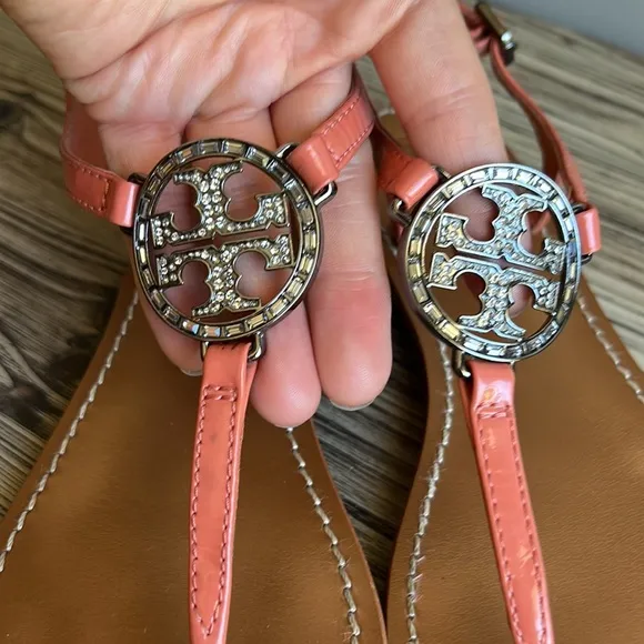 Tory Burch Sandals Womens size 8 Jeweled coral orange Patent Leather Shoes