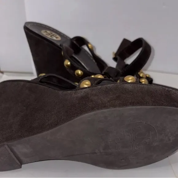 Tory Burch Shoes Brown Suede‎ Gold Studded Wedge Sandals Size 8M Retail $398 EUC