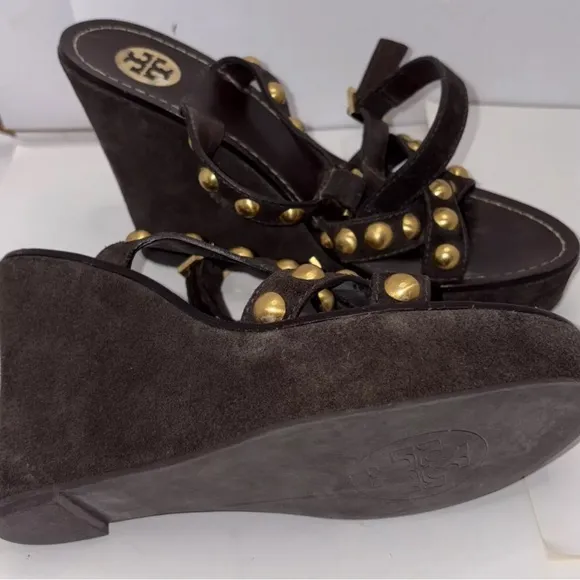 Tory Burch Shoes Brown Suede‎ Gold Studded Wedge Sandals Size 8M Retail $398 EUC
