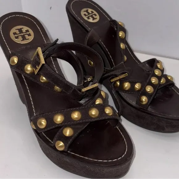 Tory Burch Shoes Brown Suede‎ Gold Studded Wedge Sandals Size 8M Retail $398 EUC