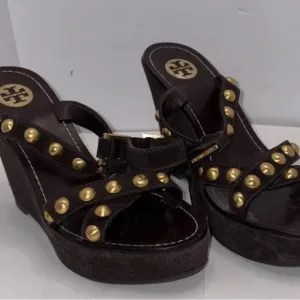 Tory Burch Shoes Brown Suede‎ Gold Studded Wedge Sandals Size 8M Retail $398 EUC