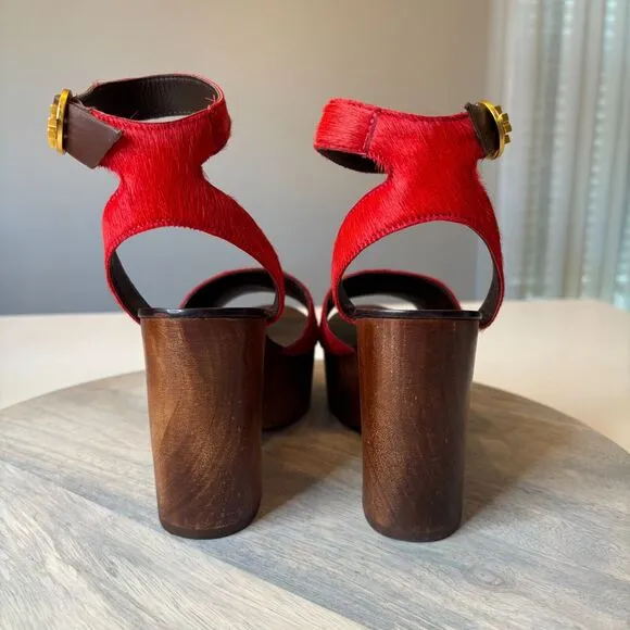 Tory Burch Women's Camilla Exotic Red Haircalf Sandals Heels US Size 7 M w/ Box