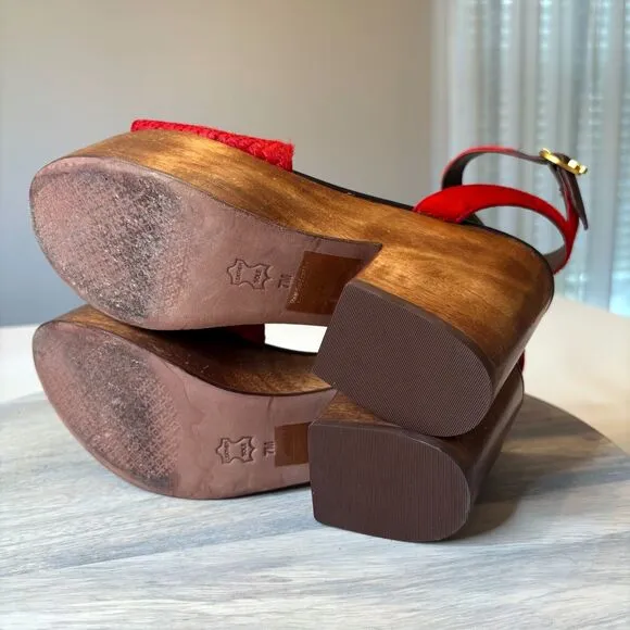 Tory Burch Women's Camilla Exotic Red Haircalf Sandals Heels US Size 7 M w/ Box