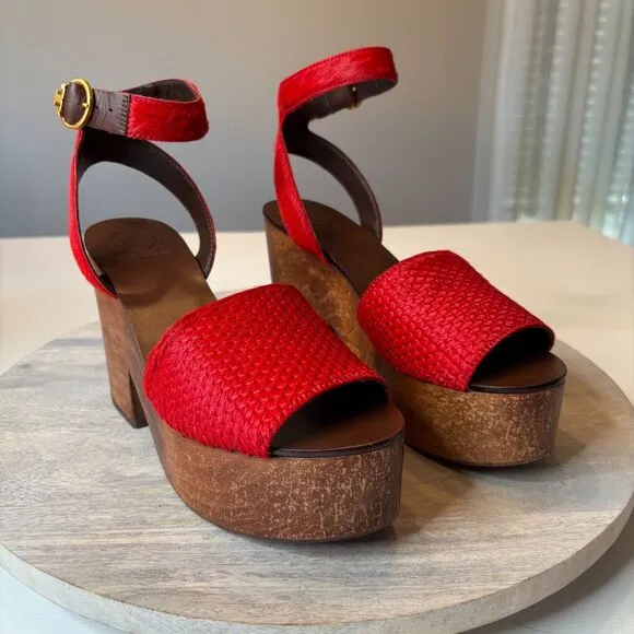 Tory Burch Women's Camilla Exotic Red Haircalf Sandals Heels US Size 7 M w/ Box