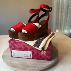Tory Burch Women's Camilla Exotic Red Haircalf Sandals Heels US Size 7 M w/ Box