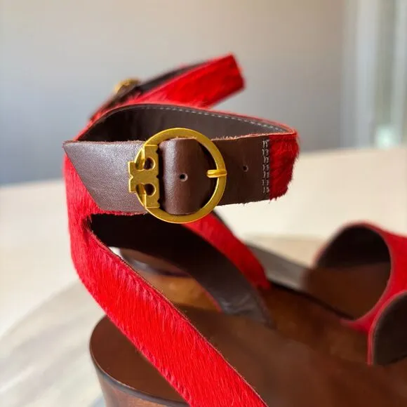 Tory Burch Women's Camilla Exotic Red Haircalf Sandals Heels US Size 7 M w/ Box