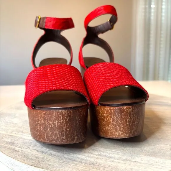 Tory Burch Women's Camilla Exotic Red Haircalf Sandals Heels US Size 7 M w/ Box