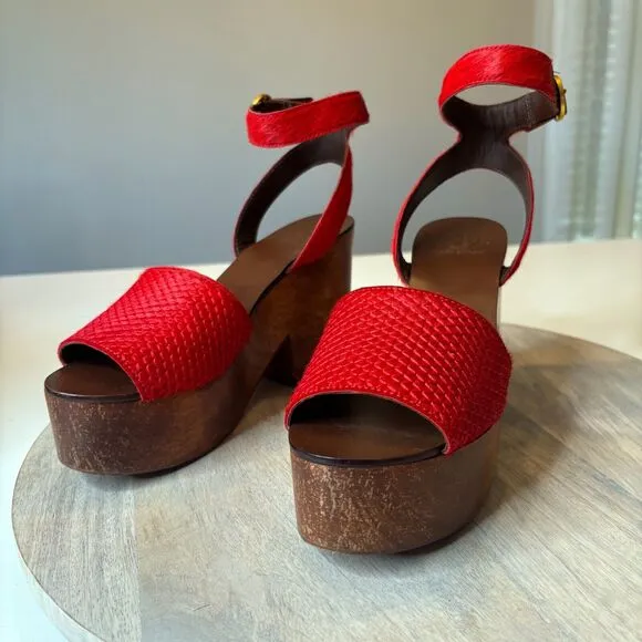 Tory Burch Women's Camilla Exotic Red Haircalf Sandals Heels US Size 7 M w/ Box