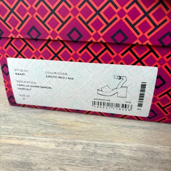 Tory Burch Women's Camilla Exotic Red Haircalf Sandals Heels US Size 7 M w/ Box